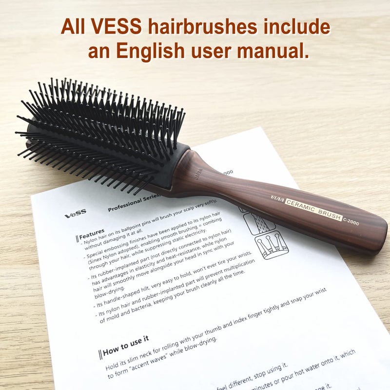 Vess C-2000 Professional Hair Brush Tourmaline Ceramic 9 Row Round Tip Curved Pad Anti-static Natural Rubber Specialized Pin Structure - Image 3